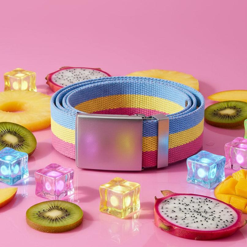 Rolled canvas belt with blue, yellow, and pink stripes and a metallic buckle on a pink surface