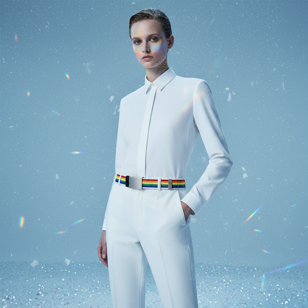 Model in a white outfit wearing a rainbow-striped canvas belt with a silver buckle
