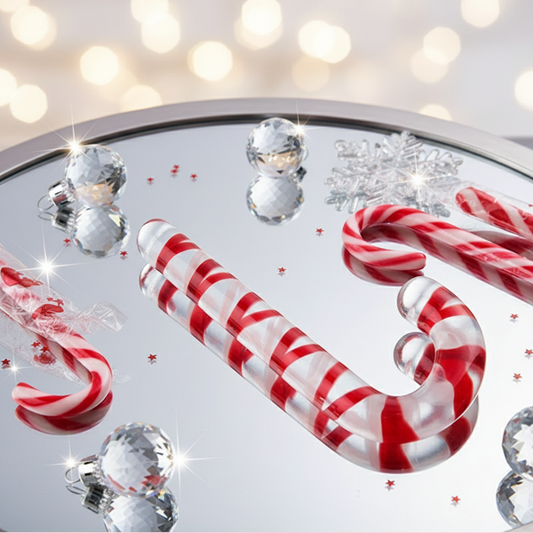 Transparent glass candy-cane dildo with red spiral stripes on a mirrored festive display