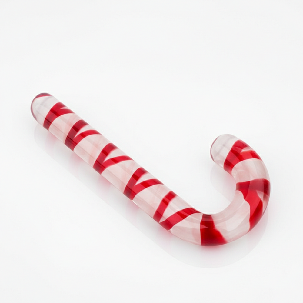 Clear glass candy cane dildo with red spiral stripes and a curved hook-shaped end