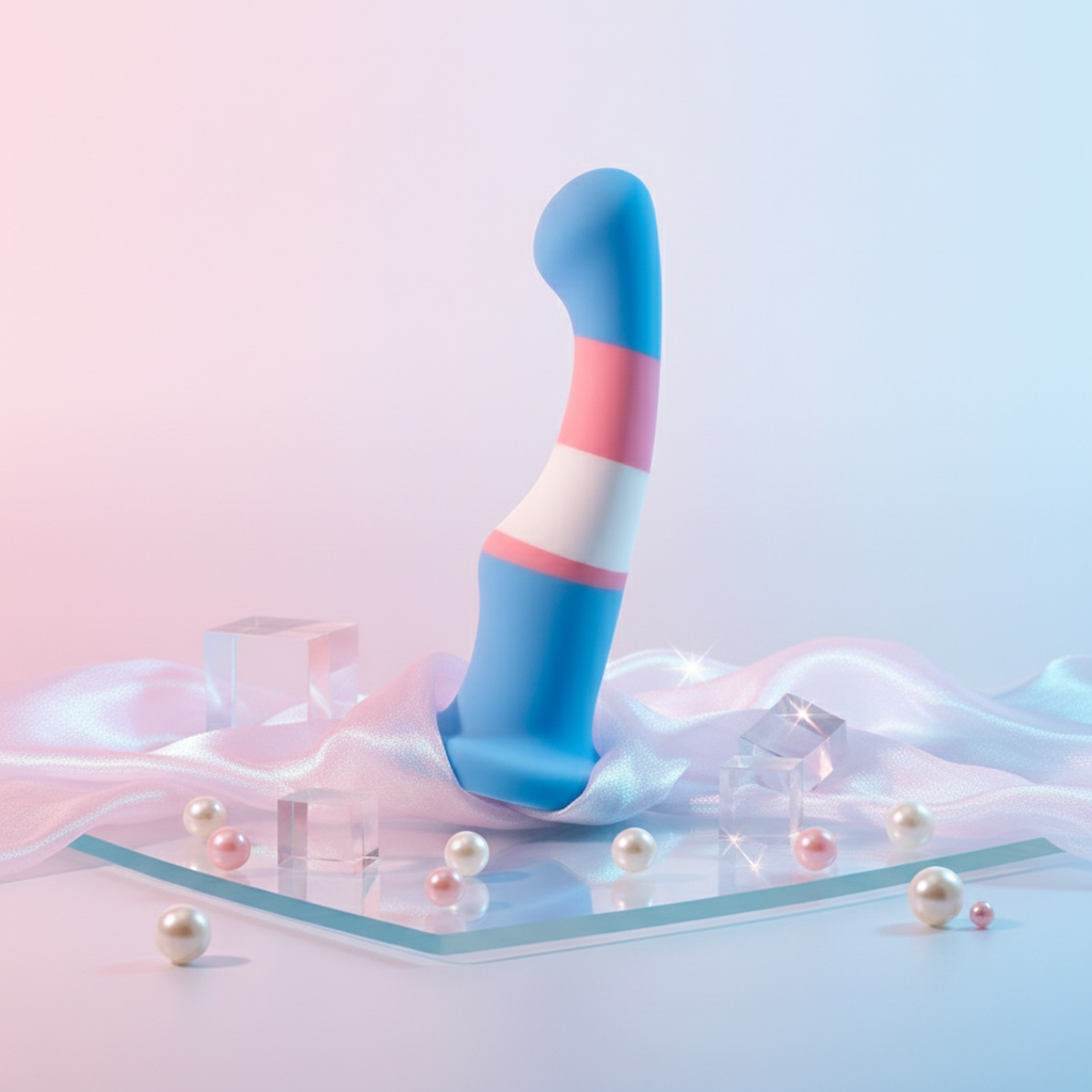 Blue, pink, and white striped curved dildo standing on iridescent fabric