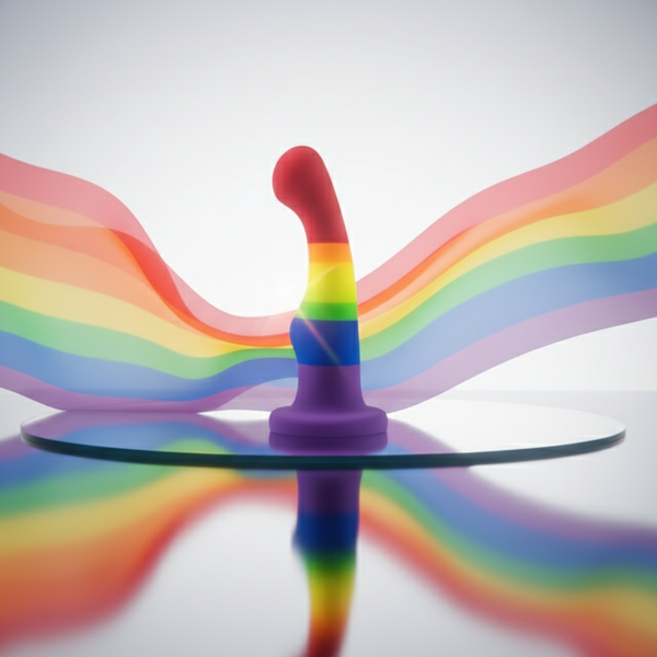 Rainbow-striped curved dildo standing on a mirrored glass surface