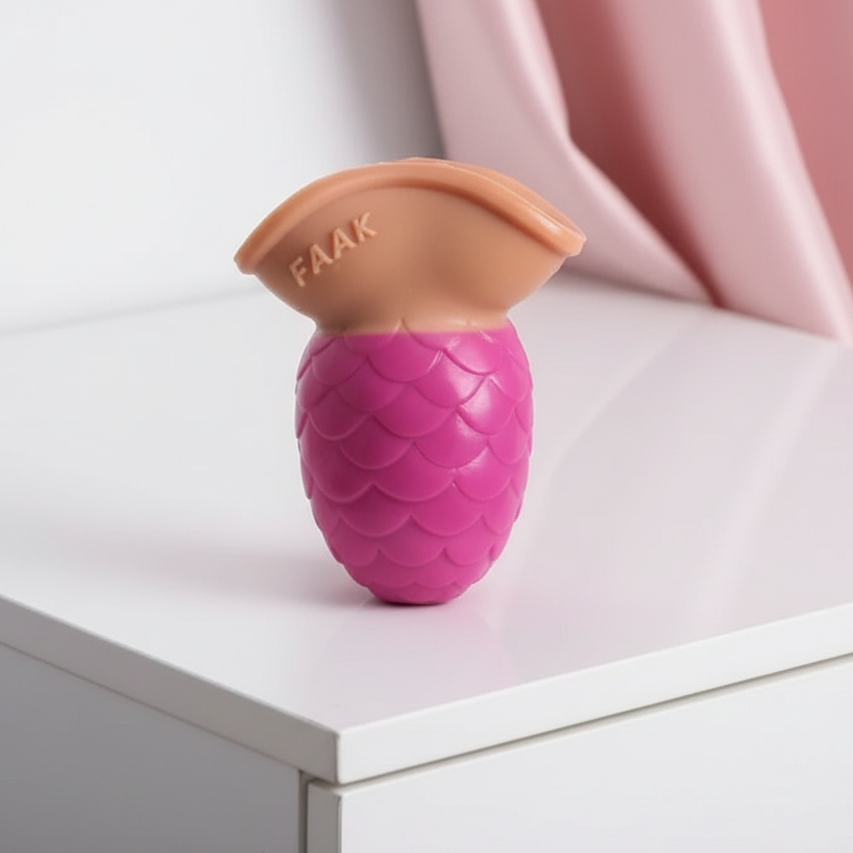 Pink lotus-flower anal plug with scalloped texture and flared base marked “FAAK”