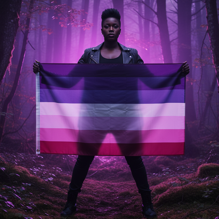 Person holds a large purple, pink, white, and gray striped flag in a misty forest