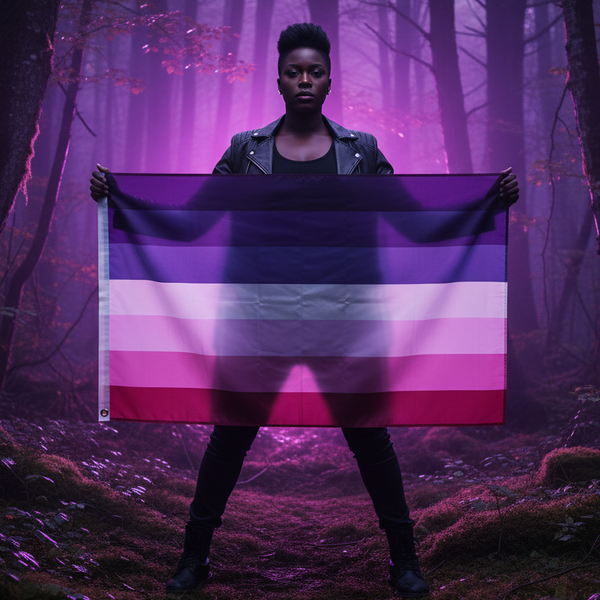 Person holds a large purple, pink, white, and gray striped flag in a misty forest