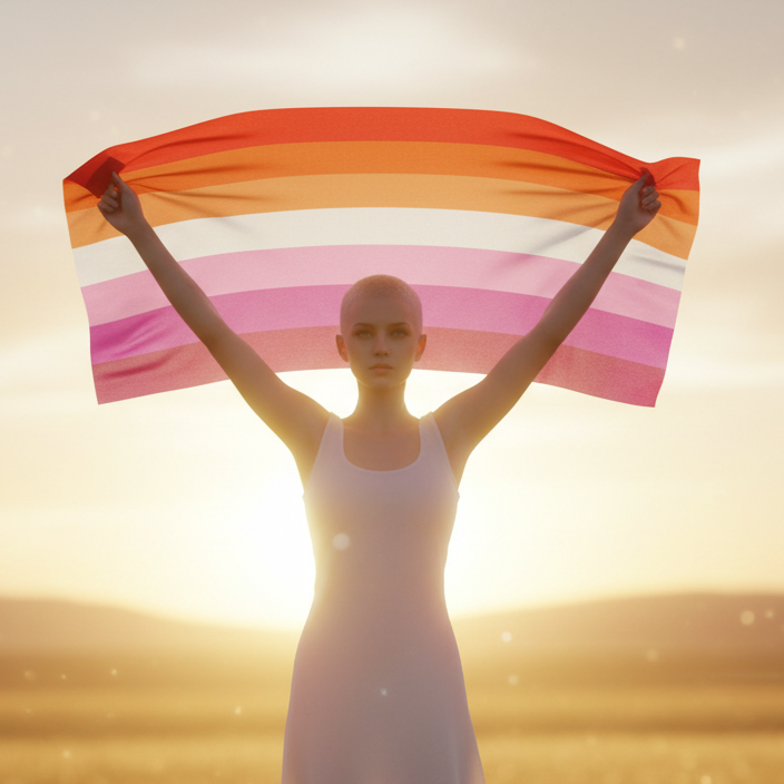Person in a white tank dress holds an orange, pink, and white striped flag at sunset