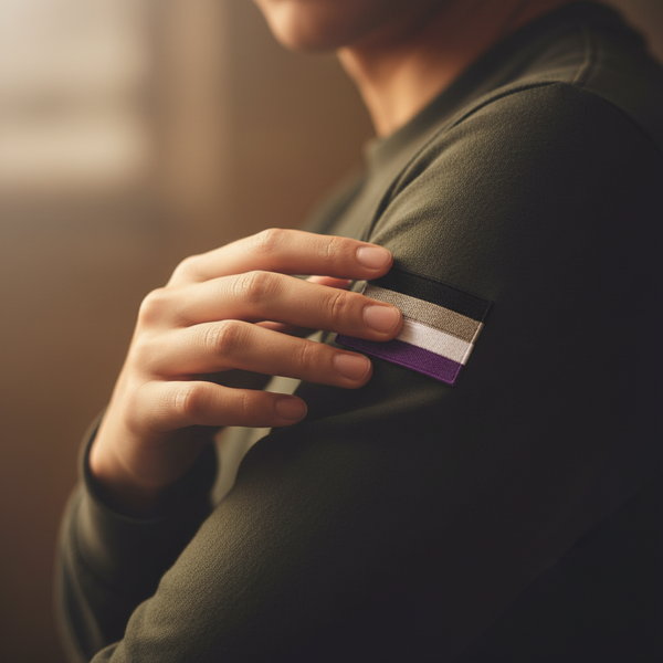 Close-up of an asexual pride embroidered patch with black, gray, white, and purple stripes
