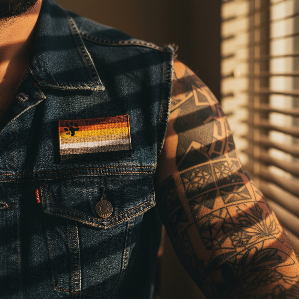 Gay bear pride embroidered patch attached to a dark denim vest