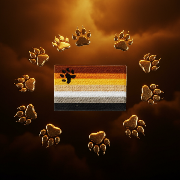 Embroidered bear pride flag patch with a black paw symbol, surrounded by gold paw prints