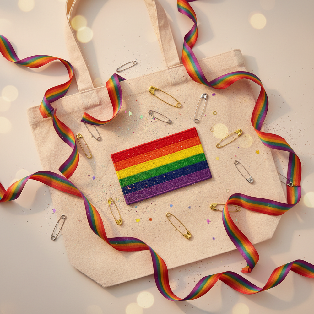 Rectangular rainbow-striped embroidered patch on a cream canvas tote with ribbons and safety pins