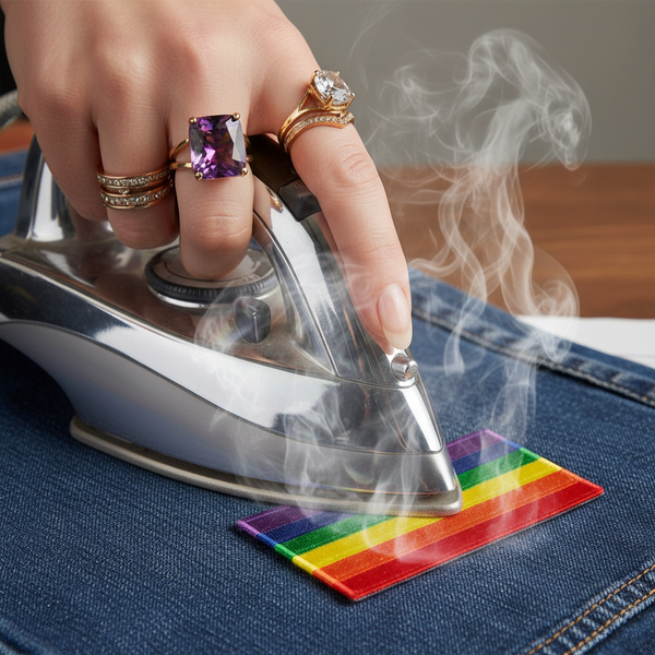 Close-up of an iron-on rainbow Pride flag patch being pressed onto denim