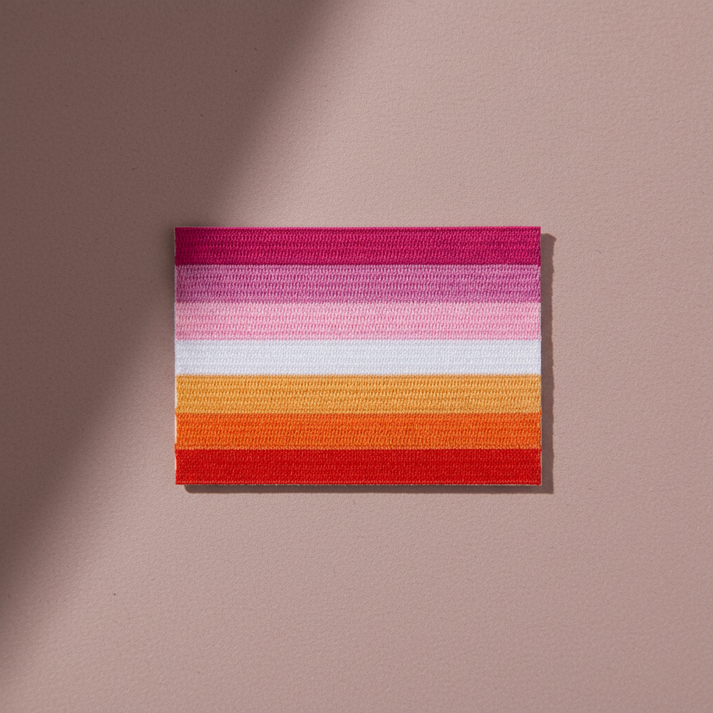 Lesbian Flag iron-on embroidered patch with dark pink, pink, white, orange, and red stripes on mauve background and shadow.