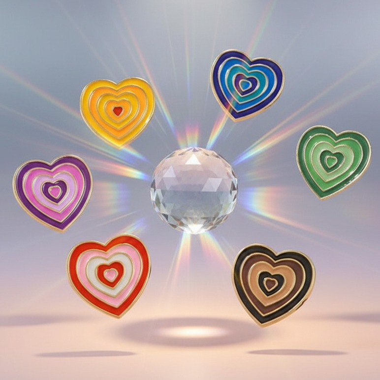 Six colorful heart-shaped enamel pins arranged around a faceted crystal sphere