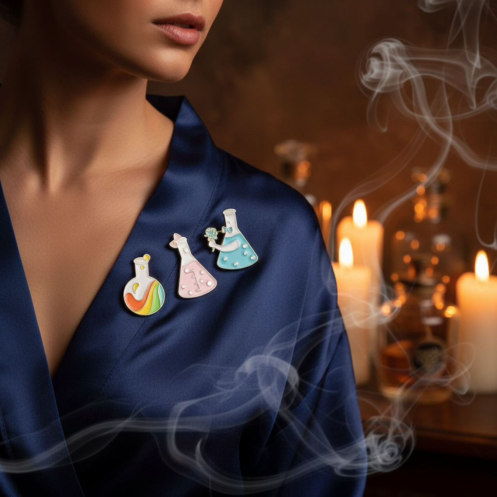 Three colorful chemistry flask pins on a model's navy satin robe, with candles and smoke behind