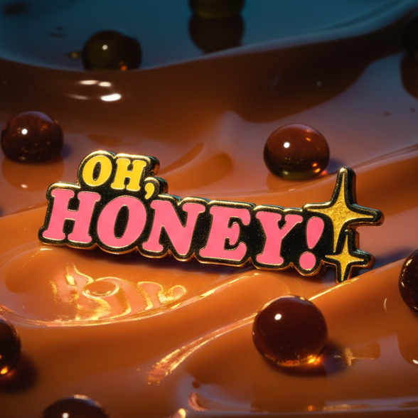 Oh Honey Enamel Pin resting on honey-like liquid, featuring bold pink letters and a sparkle graphic. Surrounded by amber droplets, it embodies pride and self-expression with queer, joyful energy.