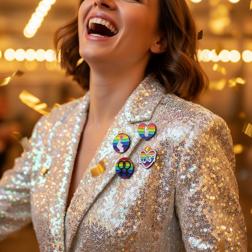 Close-up of four rainbow enamel pins on a silver sequin blazer, including a heart and “LGBT” design