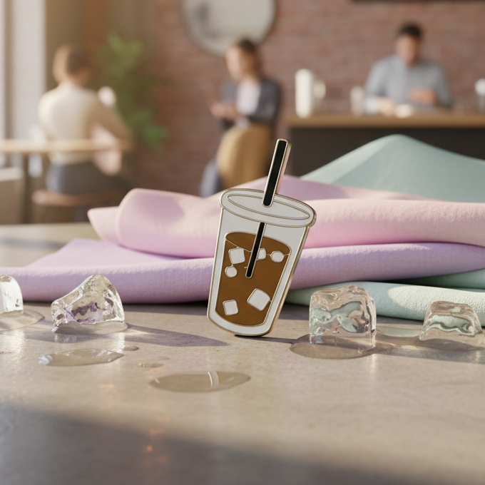 Iced coffee cup enamel pin propped against folded pastel fabric on a café table