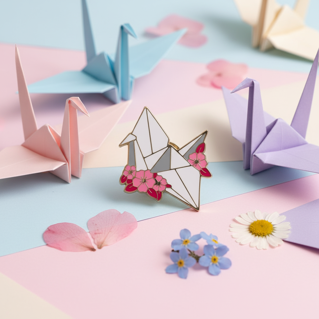 Floral paper-crane enamel pin displayed among pastel origami cranes and flowers