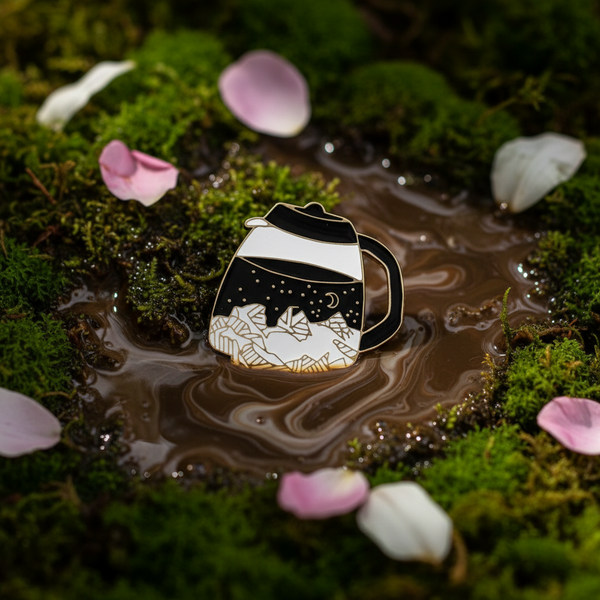Coffee carafe-shaped enamel pin resting in swirled coffee among moss and flower petals