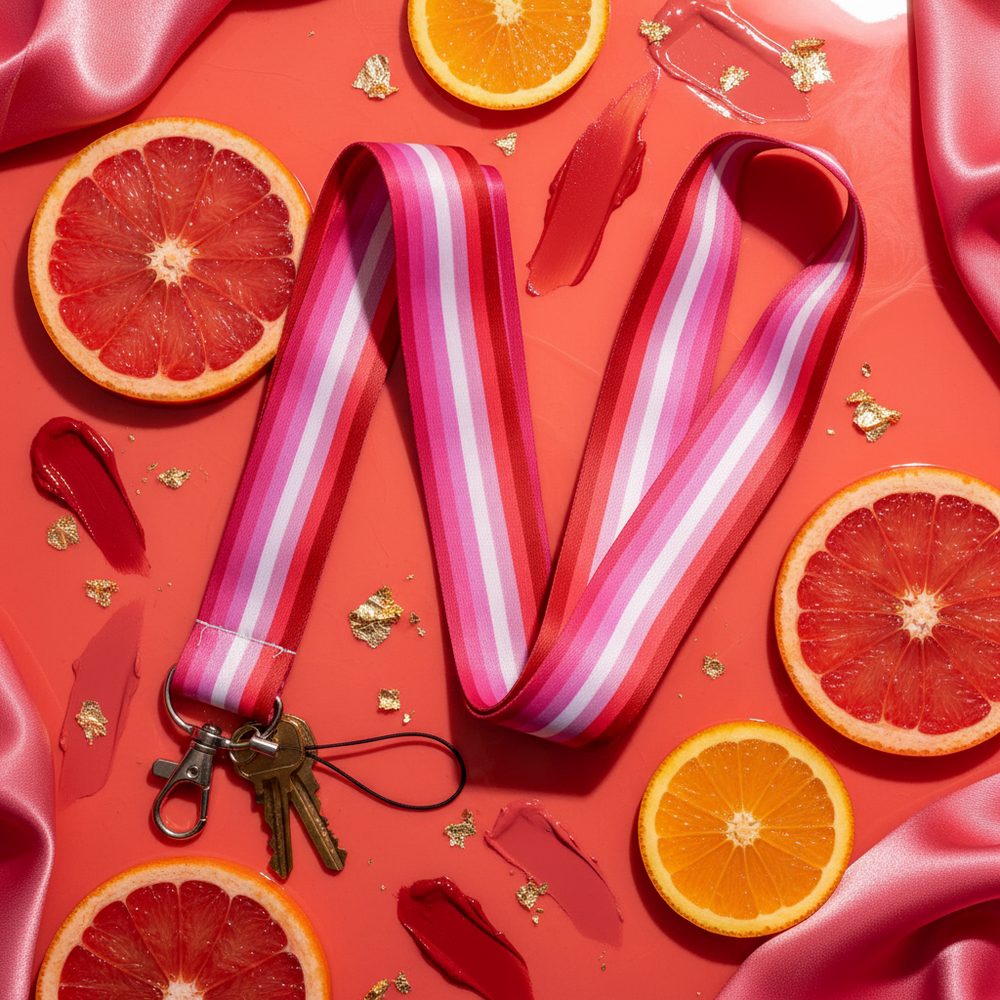 Close-up of a lesbian pride lanyard with pink, white, and red stripes, clasp, and keys