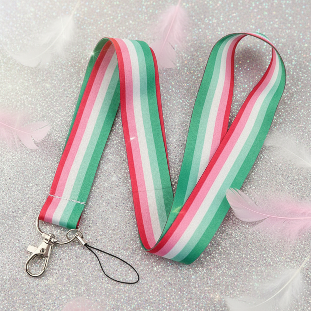 Striped green, white, and pink lanyard with a metal clasp, arranged in loops on glitter