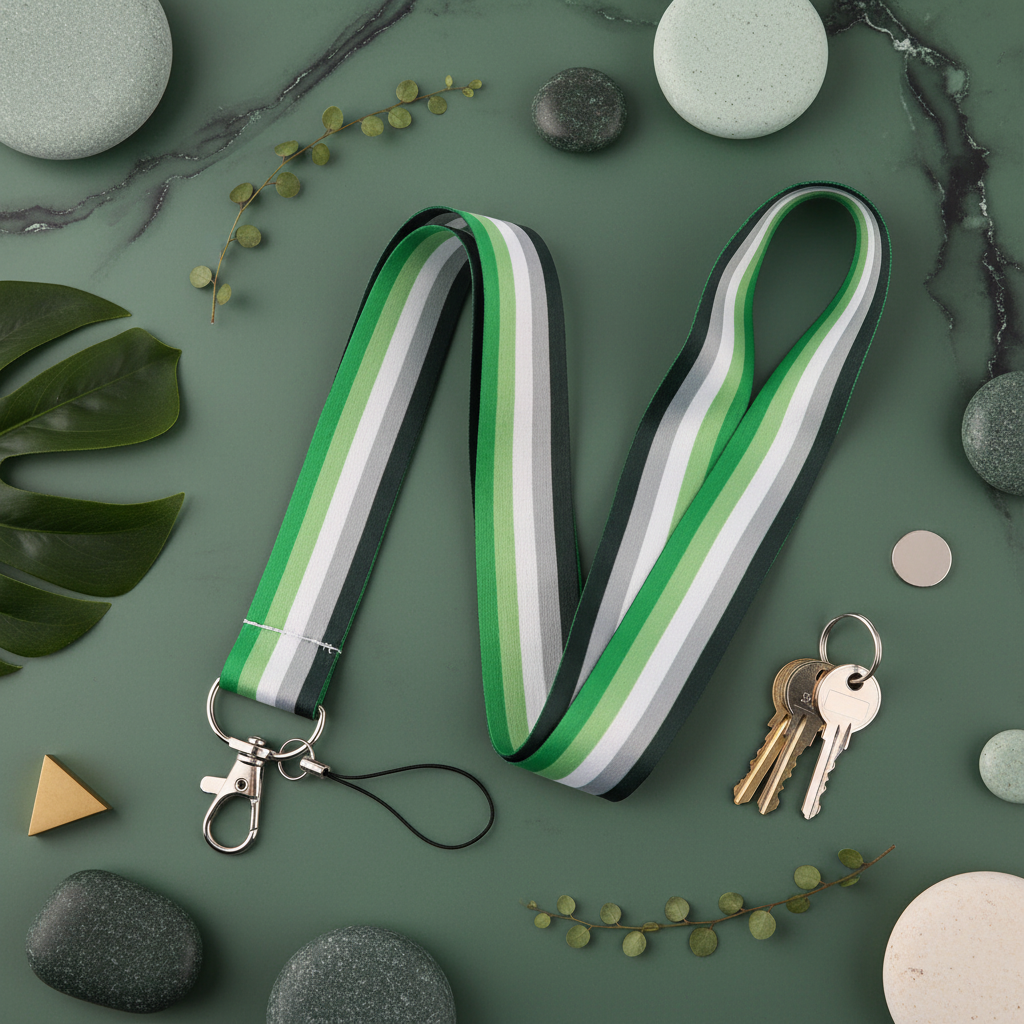 Aromantic Pride lanyard with green, gray, black, and white stripes beside keys