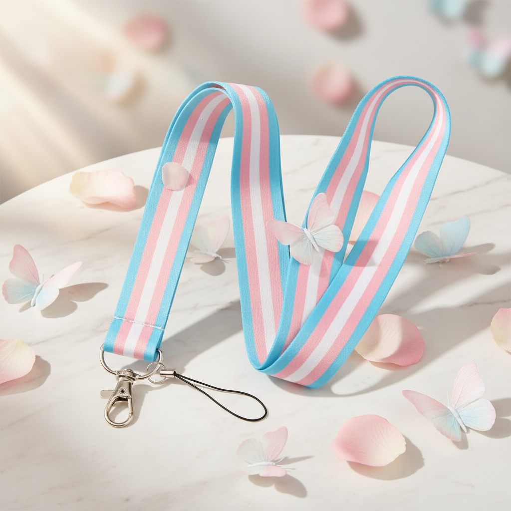 Trans pride lanyard with pastel blue, pink, and white stripes, clasp, and wrist loop on a marble surface