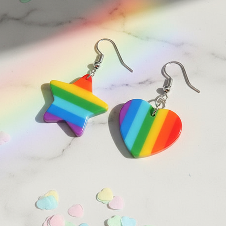 Rainbow-colored star and heart earrings on a marble surface with colorful confetti.