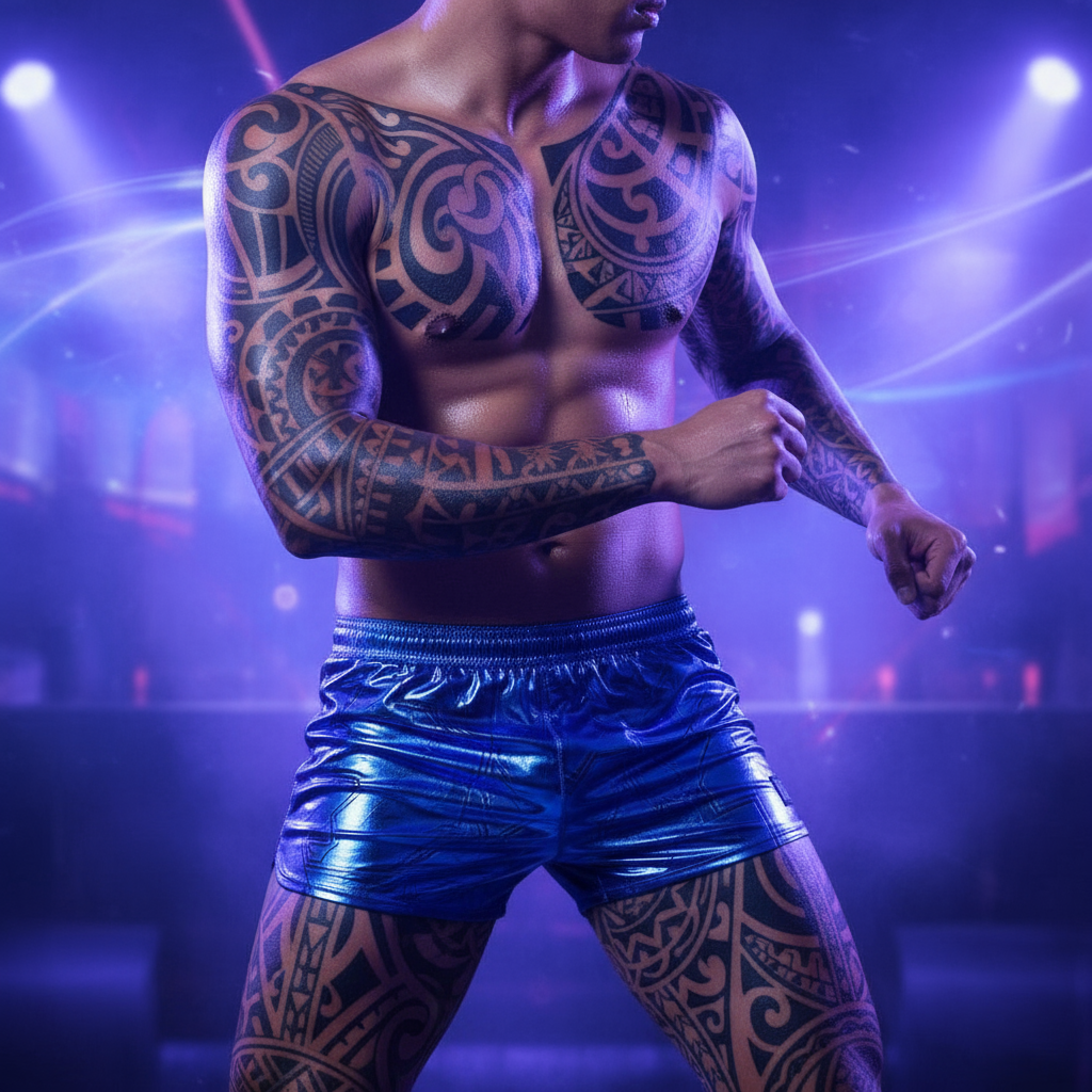 Front-facing cropped model in shiny metallic-blue shorts under purple club lighting