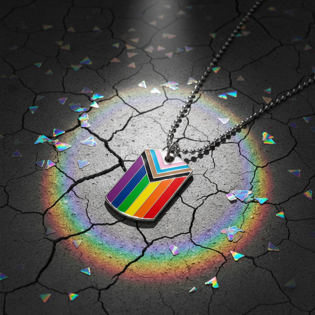Progress Pride flag tag necklace on a ball chain, photographed on cracked dark ground