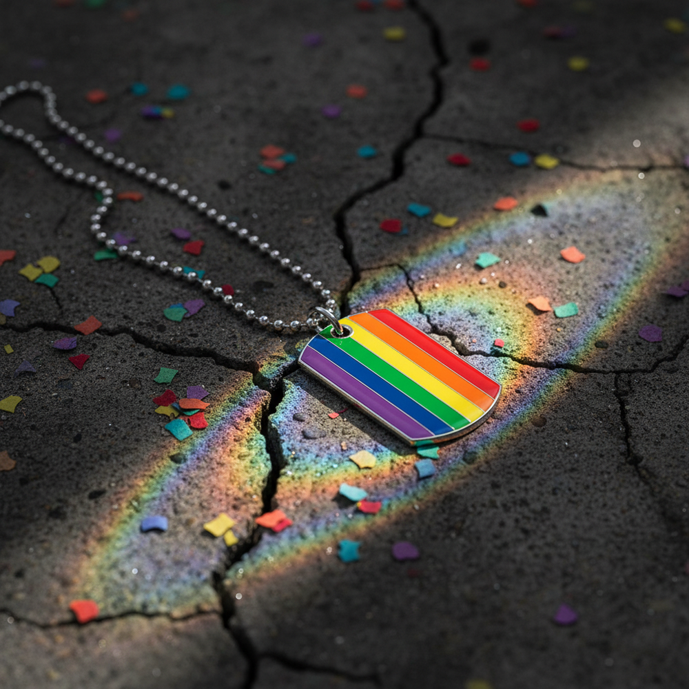 Rainbow Pride flag dog-tag necklace on cracked pavement with colorful confetti