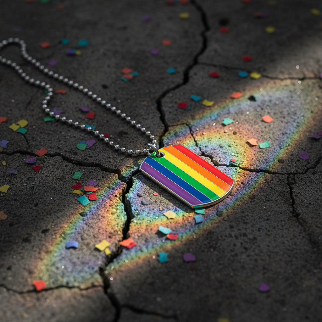 Rainbow Pride flag dog-tag necklace on cracked pavement with colorful confetti