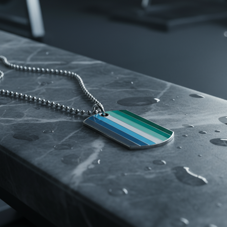 Striped blue, white, and green tag necklace lying on a wet dark tabletop