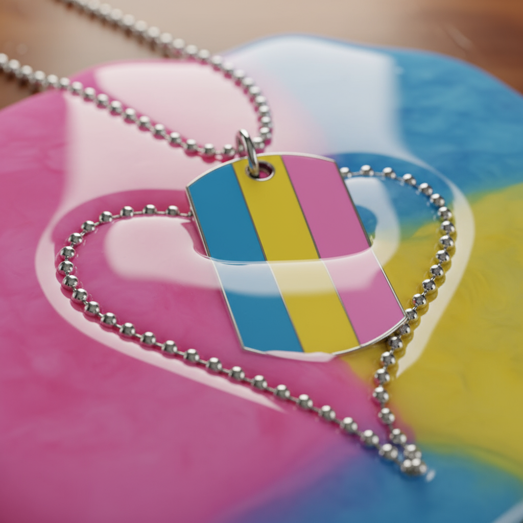 Close-up of a silver ball-chain necklace with a pink, yellow, and blue striped tag pendant