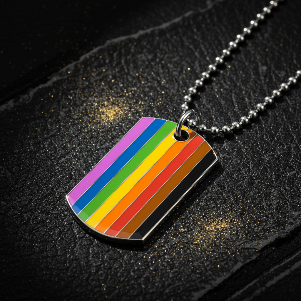 Philadelphia Pride Tag Necklace on a ball-chain, featuring rainbow enamel stripes on metal, symbolizing queer empowerment and identity. Laid on a dark surface with gold flecks, it radiates prideful self-expression.
