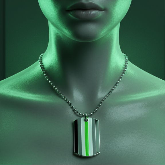 Close-up of a striped rectangular pendant necklace on a green-lit model