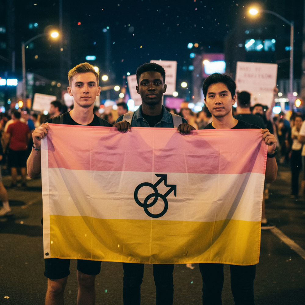 Three people hold a pink, white, and yellow flag with overlapping male symbols at a nighttime rally