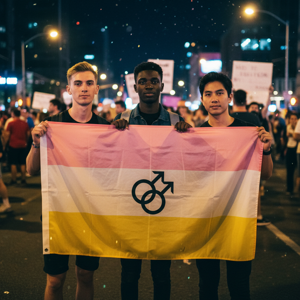 Three people hold a pink, white, and yellow flag with overlapping male symbols at a nighttime rally