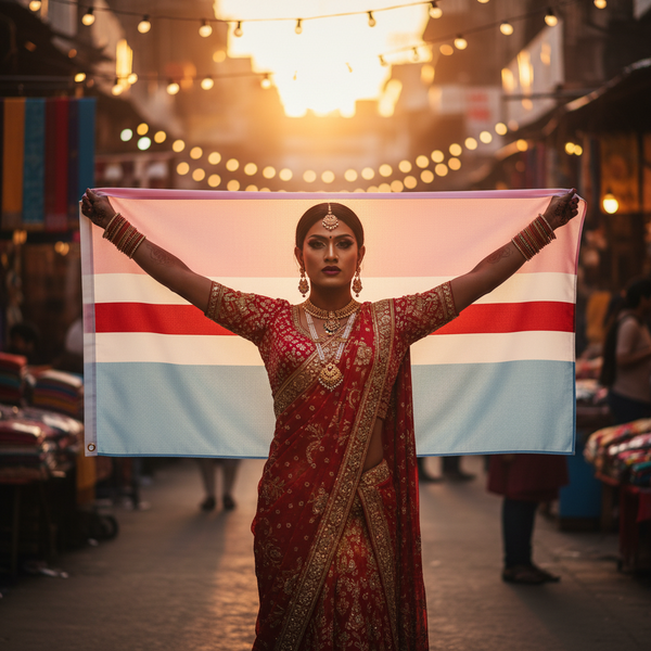 Person in a red sari holds a five-band pink, white, red, and blue flag at a market