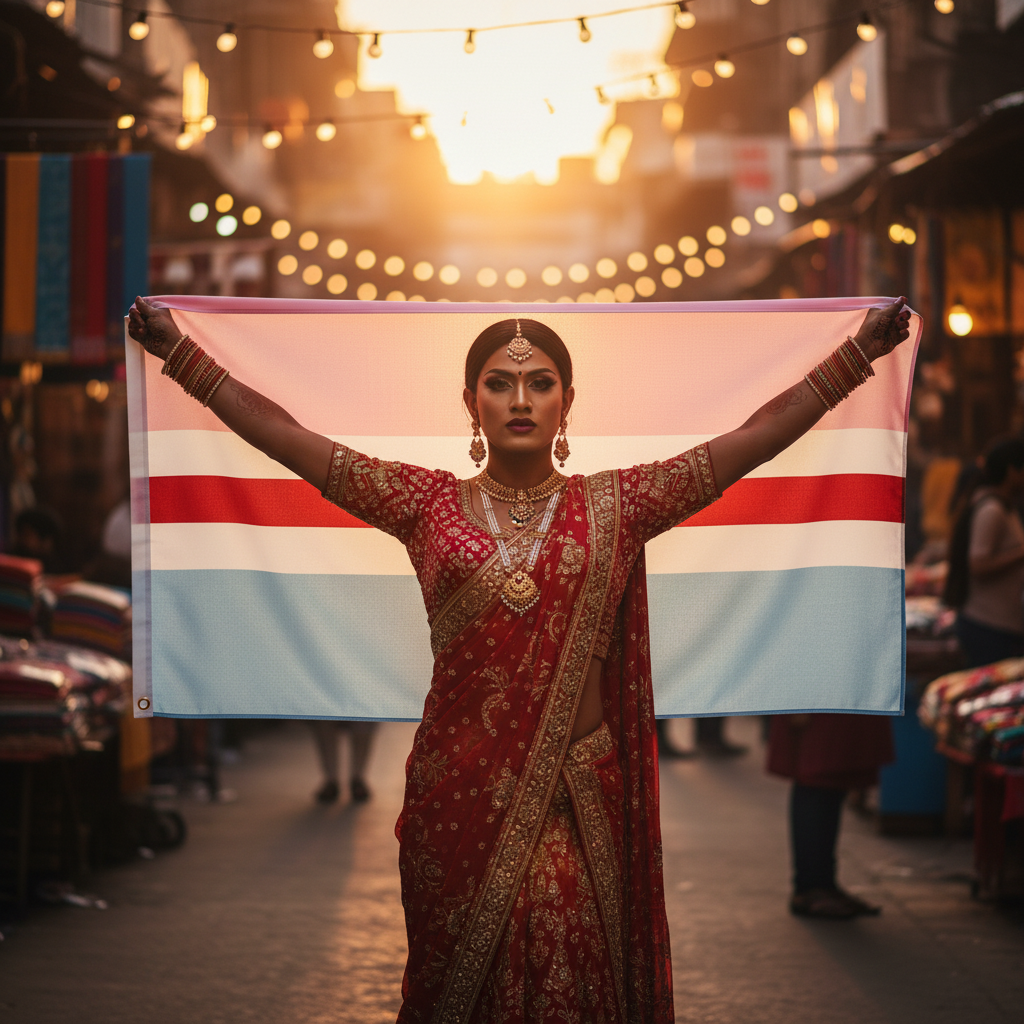 A person in a vibrant red sari and traditional jewelry proudly displays the Hijra Pride Flag, featuring five horizontal bands, symbolizing queer empowerment and visibility at an outdoor market during sunset.