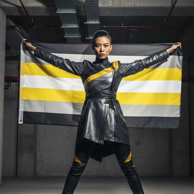 Person in an industrial space wearing a black leather outfit with a yellow stripe, holding the Demigender Pride Flag. The flag has dark gray, white, and yellow stripes with brass grommets, celebrating nonbinary identities.