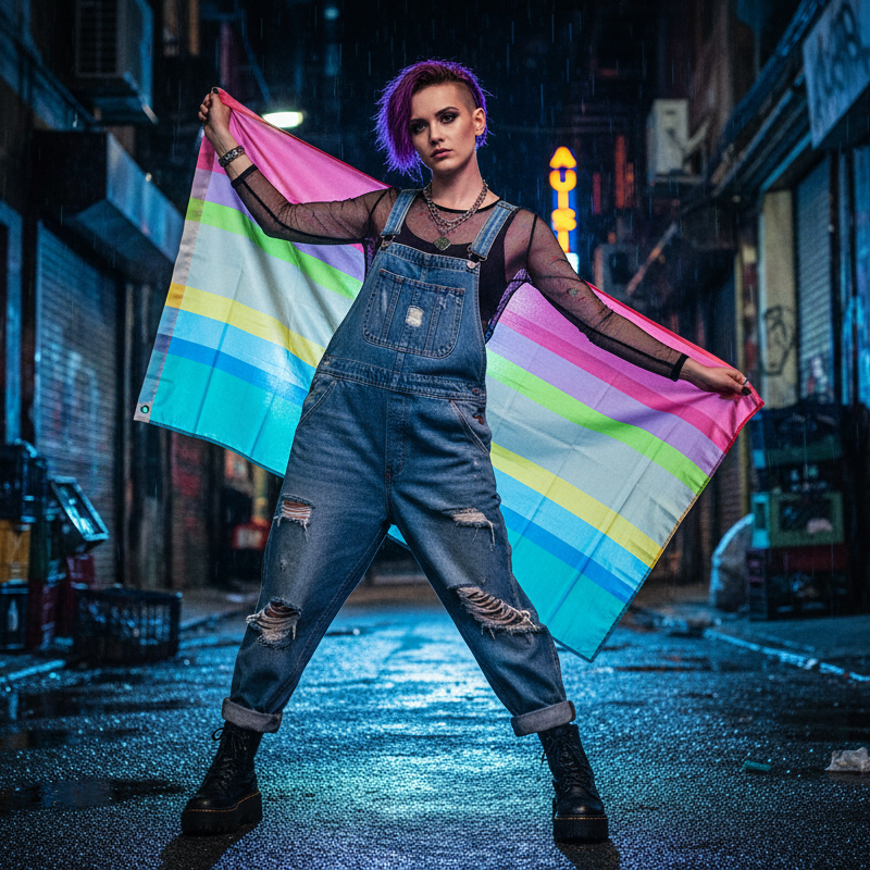 A young person confidently holds a vibrant Questioning Pride Flag in a neon-lit alley. The flag's pastel stripes symbolize self-exploration, complementing their edgy style with purple hair and ripped denim overalls.