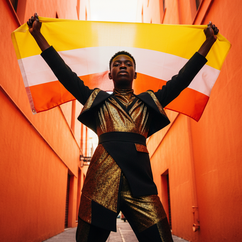 Person confidently holds a Maverique Pride Flag with yellow, white, and orange stripes, wearing a metallic-gold and black outfit. The flag symbolizes autonomous, nonbinary identity, embodying queer pride and self-expression.