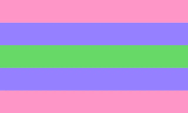 Horizontal flag with pink, purple, green, purple, and pink stripes