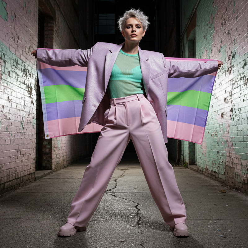 Person in a lavender suit holds a pastel pink, purple, and green striped flag in an alley