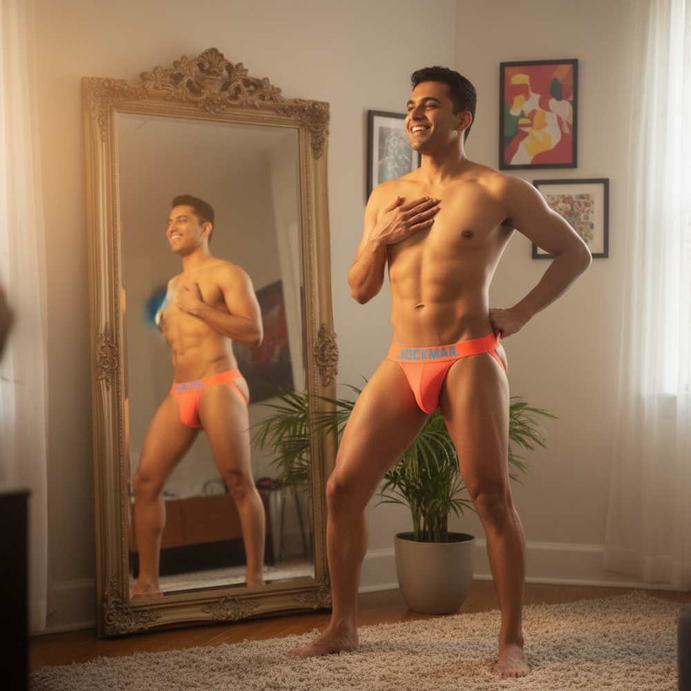 Model wearing a neon orange Jockmail jockstrap with branded waistband, reflected in a full-length mirror