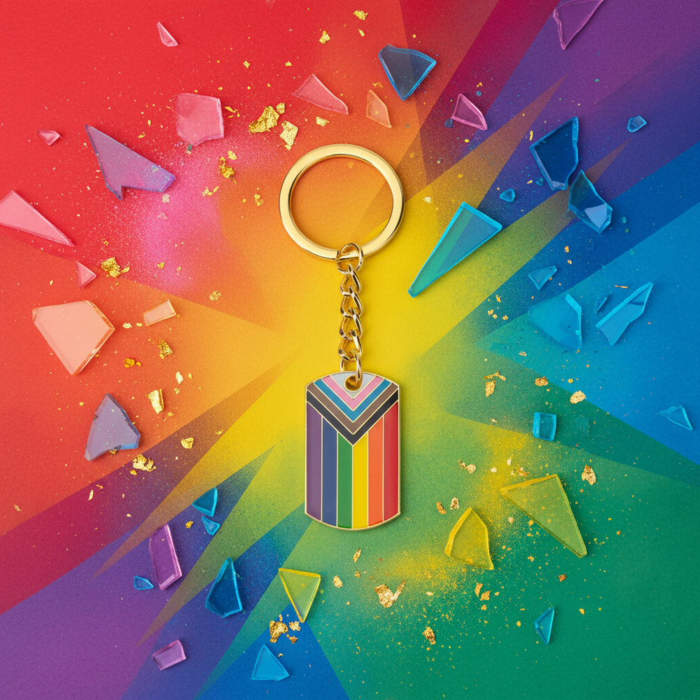 Progress Pride flag keychain with gold ring and chain on a colorful rainbow background