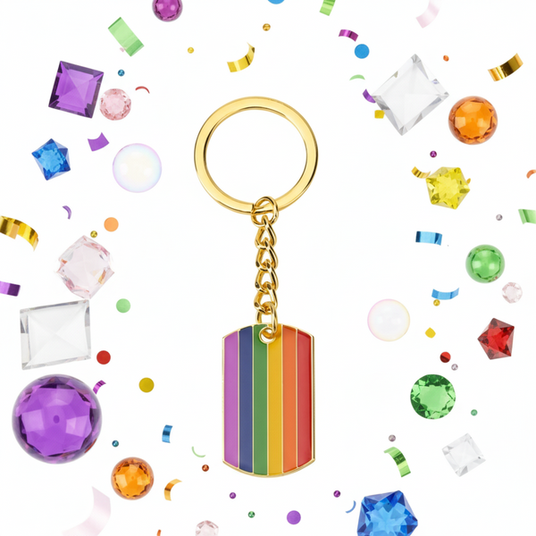 Gold-tone keychain with a rainbow-striped dog-tag pendant on a confetti background