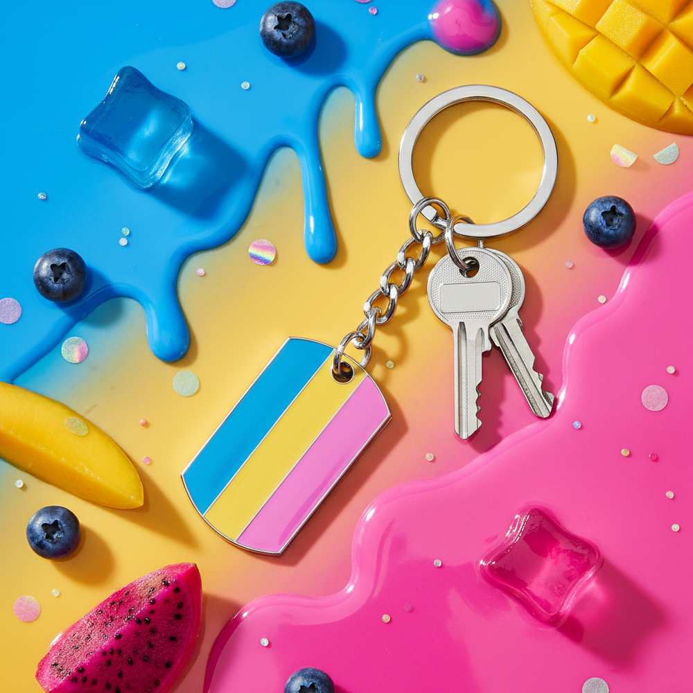 Pansexual pride keychain with blue, pink, and yellow striped tag beside keys