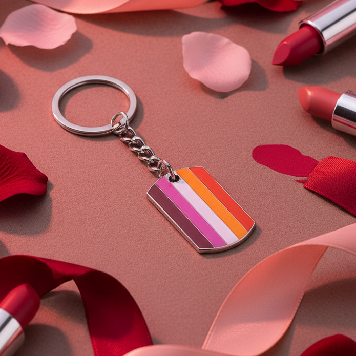 Striped lesbian pride keychain with metal ring on a pink surface, surrounded by petals and lipsticks